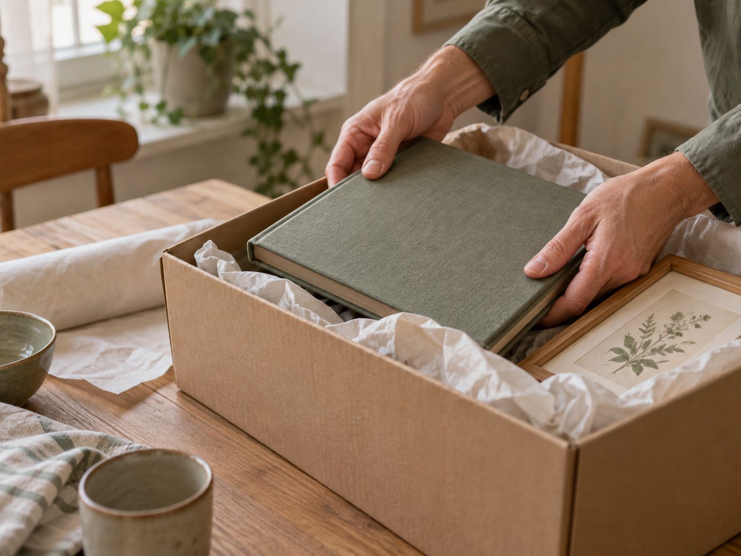 Hænder lægger et fotoalbum nænsomt i en kasse med beskyttende papir.